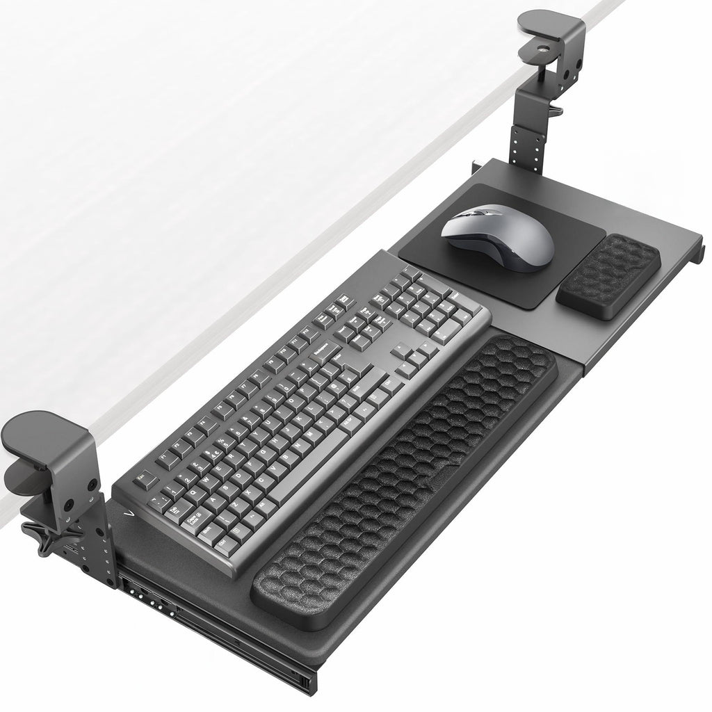 Large Height and Width Adjustable Under Desk Keyboard Tray, C-clamp Mount System, 22.5” to 30” (28.5” to 36” Including Clamps) x 11 inch Slide-Out Platform for Typing, Black