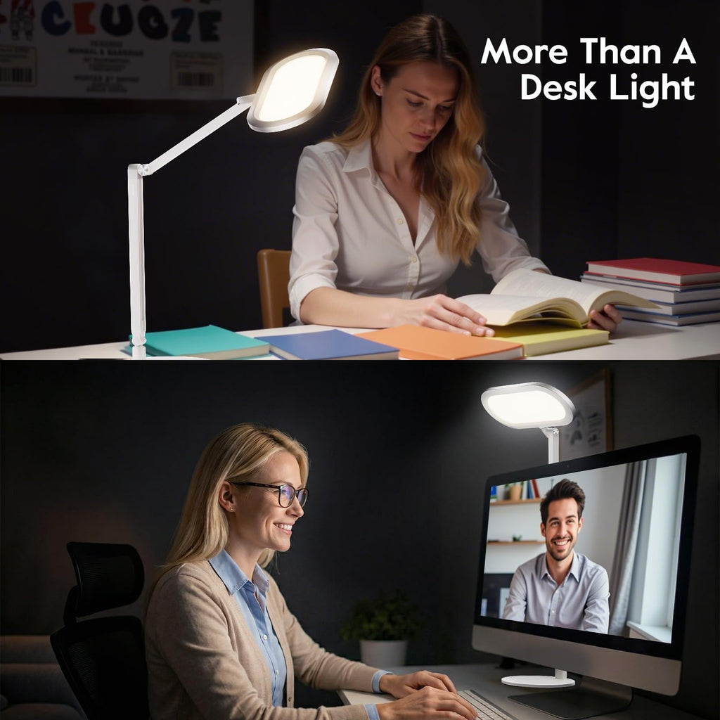 LED Desk Lamp for Office – Professional Double-Sided Lighting, Eye-Caring Computer Lamp with Knob Remote, Stepless Dimming & Color, Memory, for Zoom, Studying, Streaming & Video Conference, White