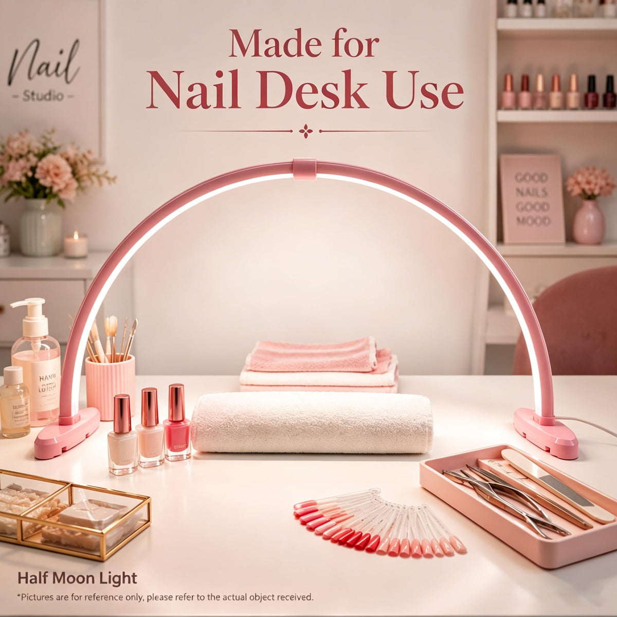 Half Moon Nail Desk Lamp, 23” Foldable Nail Tech Light, 10-Level Dimming & 3 Color Temperatures, Pink Arch Light for Manicure, Eyelash, Tattoo & Skin Care