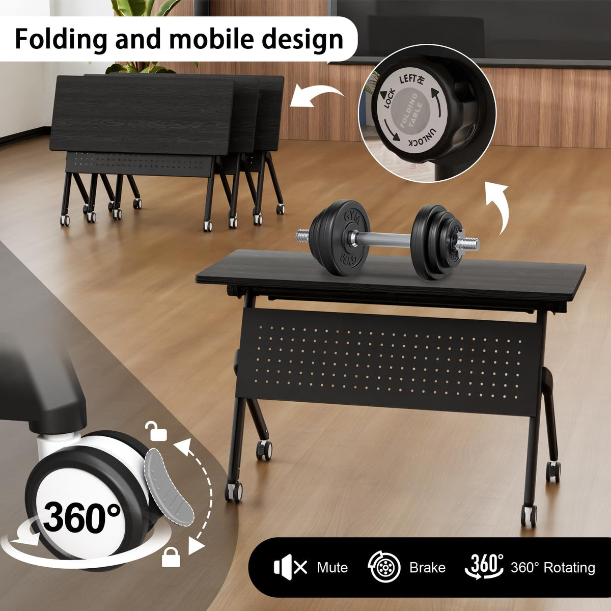 Conference Room Tables White,Folding Rectangular Flip Top Conference Table with Wheels for Large Meeting Seminar Home Office Classr (4, Black, 55.1in)
