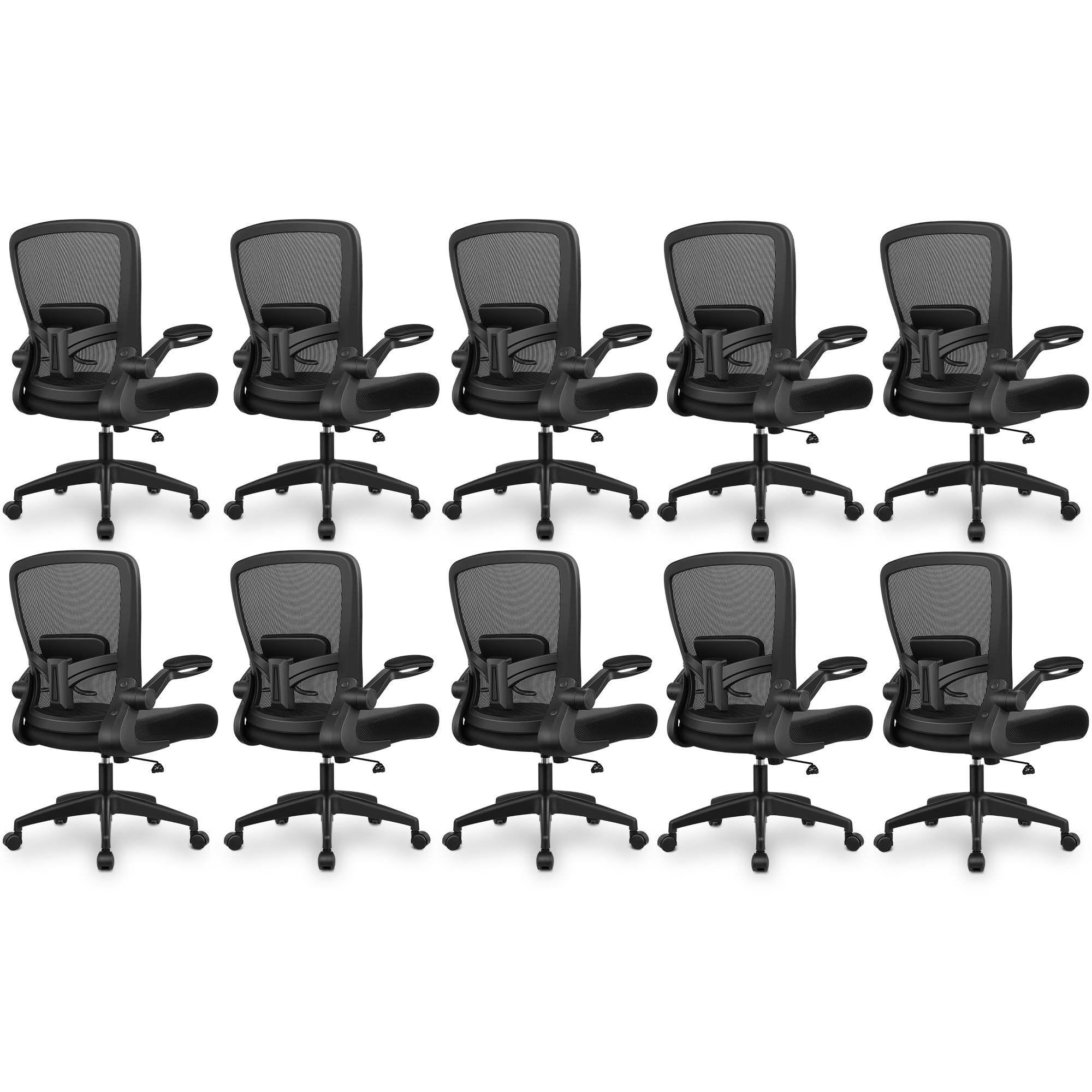 Pack of 10, Office Chair, Ergonomic Desk Chair Breathable Mesh Chairs Adjustable High Back Lumbar Support Flip-up Armrests, Executive Rolling Swivel Comfy Computer Chairs Home Office Black