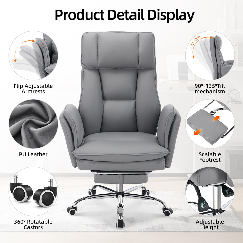 Criss Cross Office Desk Chair with Foot Rest and Flip Armrests for Pets Friendly & Extra Space, Comfortable Ergonomic Reclining Gaming Computer Chair with Lumbar Pillow(Faux Leather Grey)