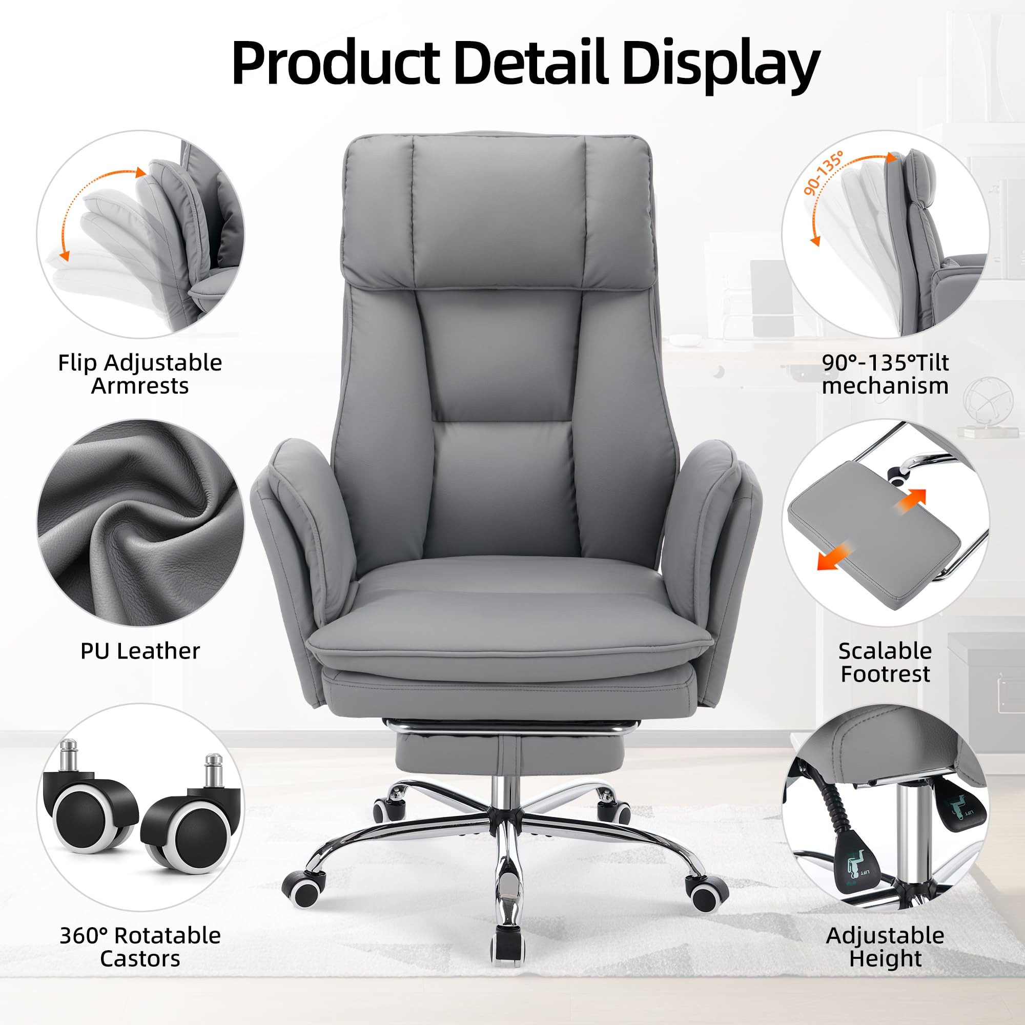 Criss Cross Office Desk Chair with Foot Rest and Flip Armrests for Pets Friendly & Extra Space, Comfortable Ergonomic Reclining Gaming Computer Chair with Lumbar Pillow(Faux Leather Grey)