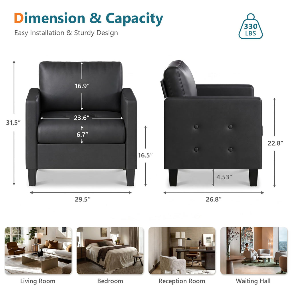 Accent Chair, Black Leather Chair, Mid-Century Modern Living Room Chairs, Cozy Office Reading Chair with Tufted Seat and Armrest, Reception Armchairs for Bedroom, Waiting Room