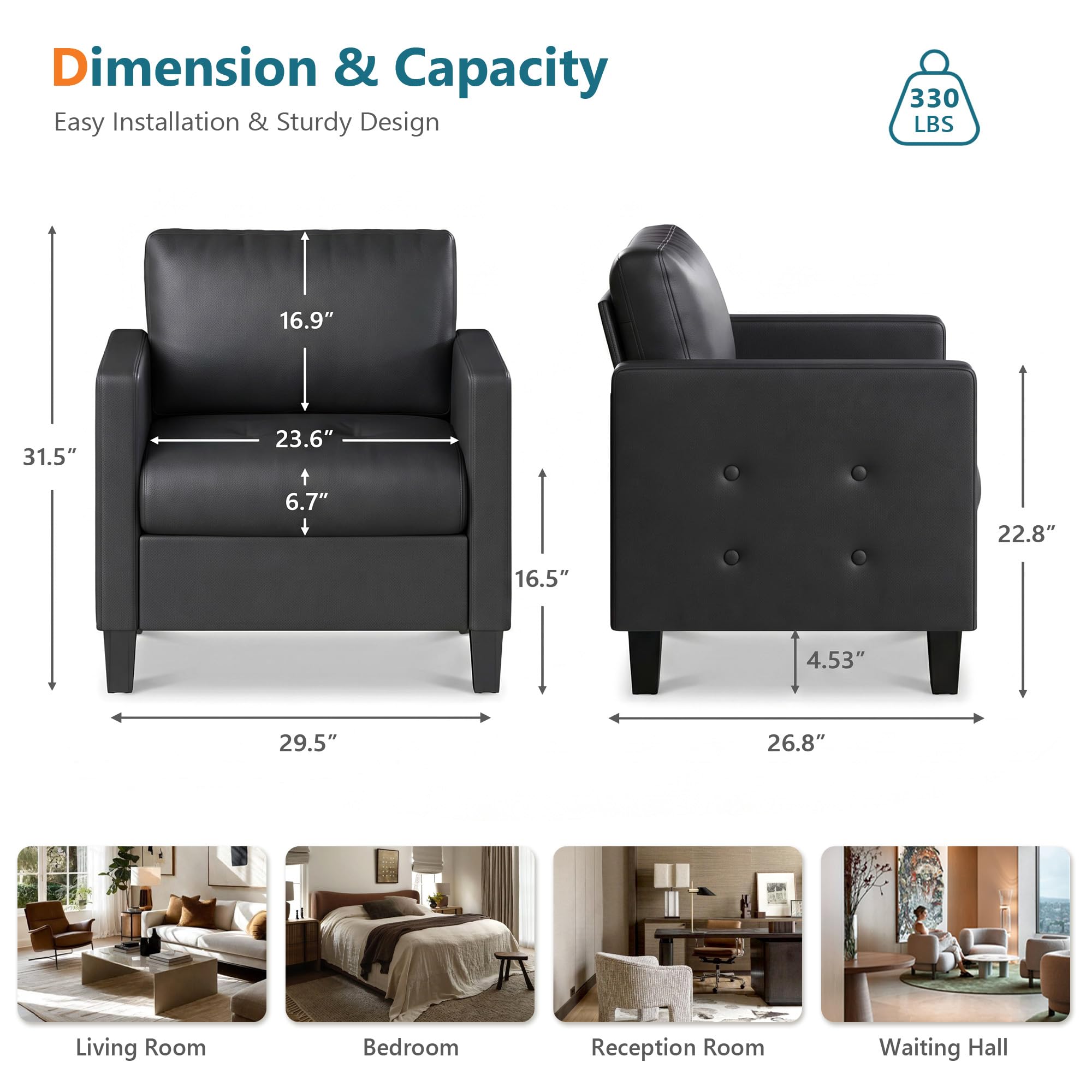Black Accent Chairs Set of 2, Faux Leather Chair, Mid-Century Modern Living Room Chairs, Cozy Office Reading Chair with Tufted Armrest and Seat, Armchairs for Waiting Room, Bedroom (2)