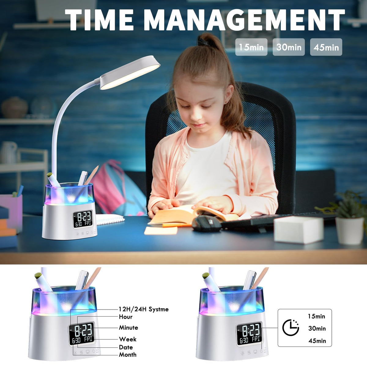 Led Desk Lamp with Pen Holder, Touch Lamps for Nightstand with 3 Color Modes, Eye-Caring Bedside Reading Light with Clock, Office Lamps Stepless Dimming, Lamp for Dorm Room, Suitable for Kid/Girl/Boy