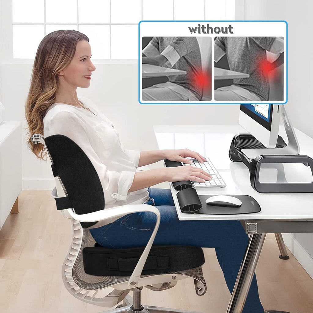 Lumbar Support Pillow & Seat Cushion Set for Office Chair, Desk Chair, Wheelchair & Car–Memory Foam Back Support,Ergonomic Chair Cushions,Sciatica Pain Relief,Home Essentials(Black,XL)