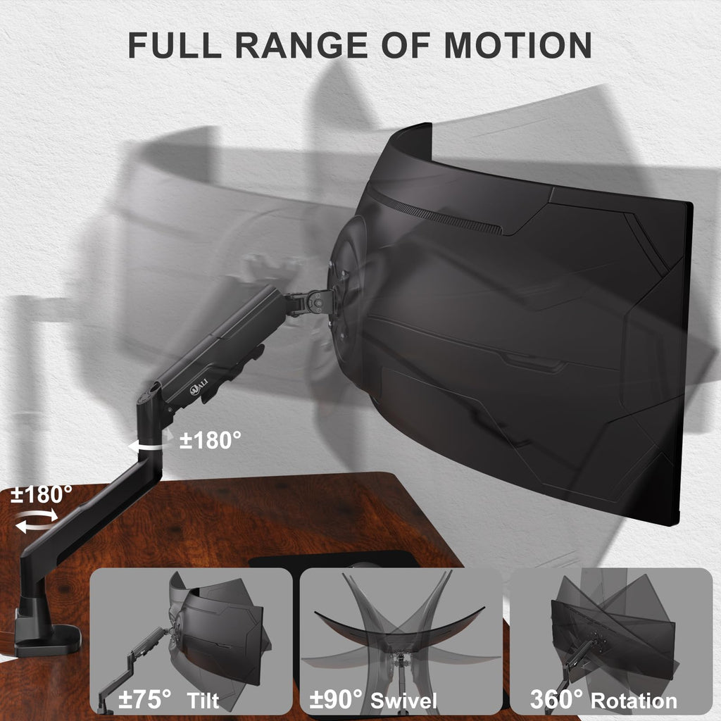 Heavy Duty Single Monitor Arm for 17-49 Inch Flat Curved Ultrawide Screens, up to 33 Lbs, Adjustable Single Monitor Desk Mount for Home Office Gaming, VESA 75/100mm (GSM001XLN), Black