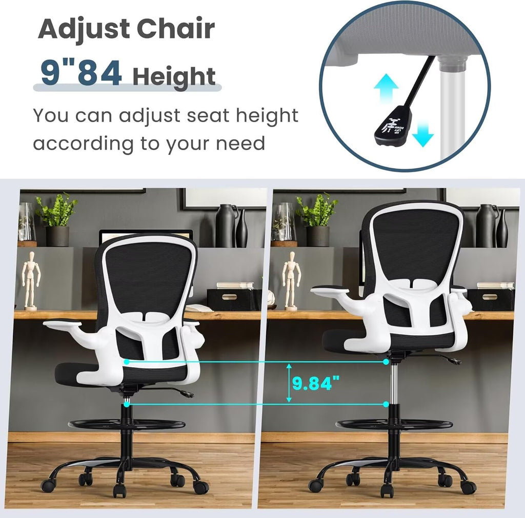 Drafting Chair for Standing Desk Executive Ergonomic Computer Chair, Tall Office Chair with Flip-Up Armrests, Adjustable Footrest Ring, Lumbar Support, Height Adjustable Swivel Task Chair (White)