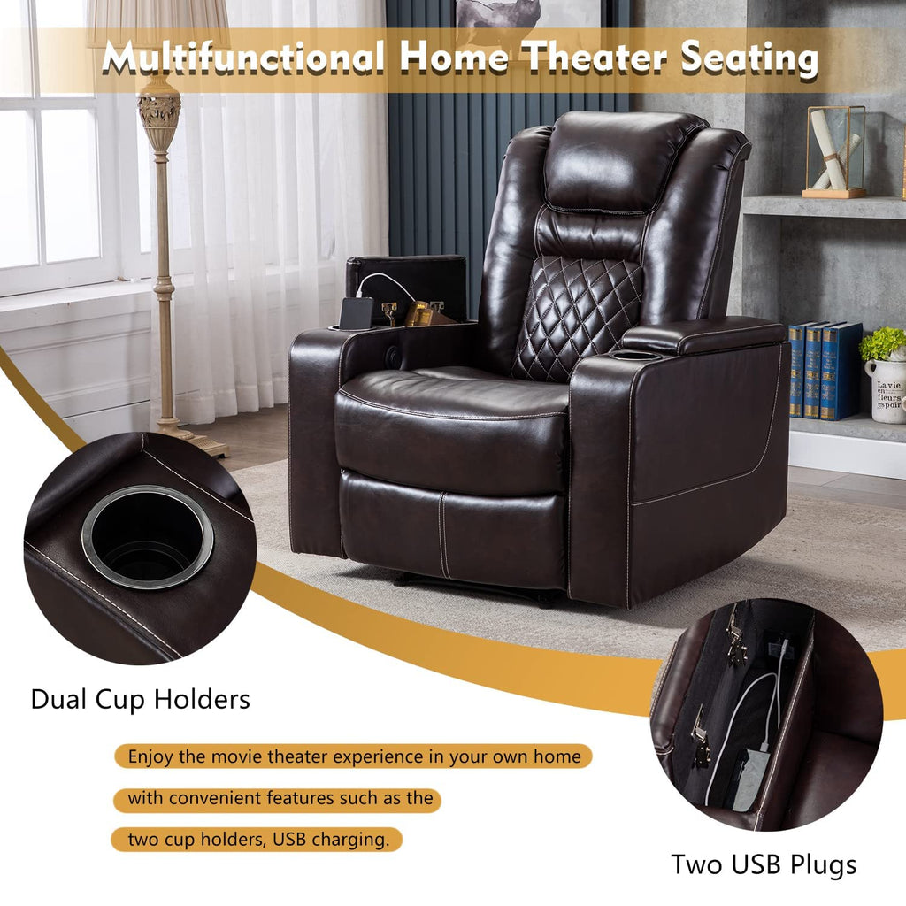 Electric Power Recliner Chair with USB Ports and Cup Holders, Breathable Leather Seating with Hidden Arm Storage (Brown)