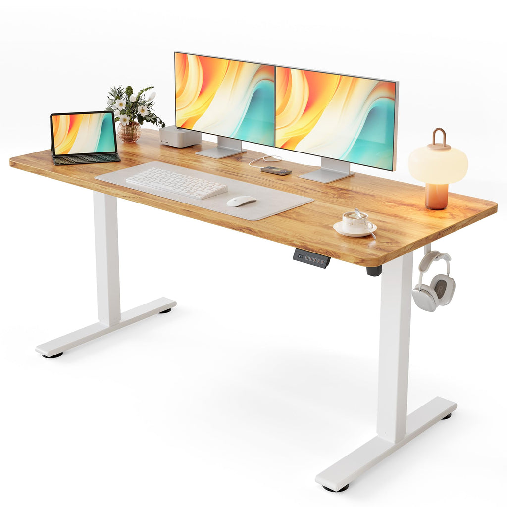 Standing Desk, 55x24 Inches Sit Stand Home Office Desk, Electric Stand up Desk, Adjustable Desk with Splice Board, White Frame/Light Rustic Top