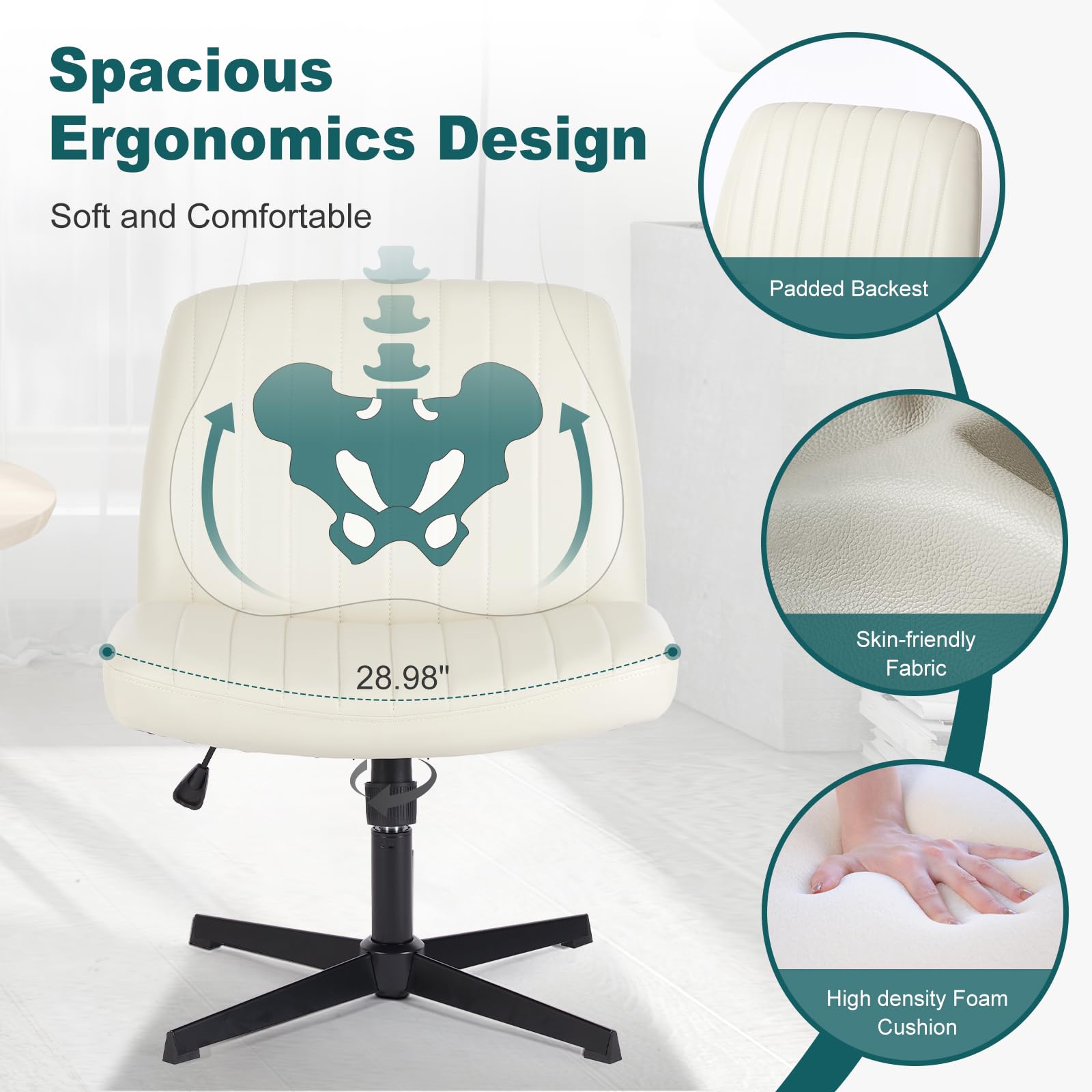 Criss Cross Legged Chairs Armless No Wheels Wide Seat Height Adjustable Swivel Padded PU Leather Home Office Desk Chair for Bedroom, Student, Study Room,Beige