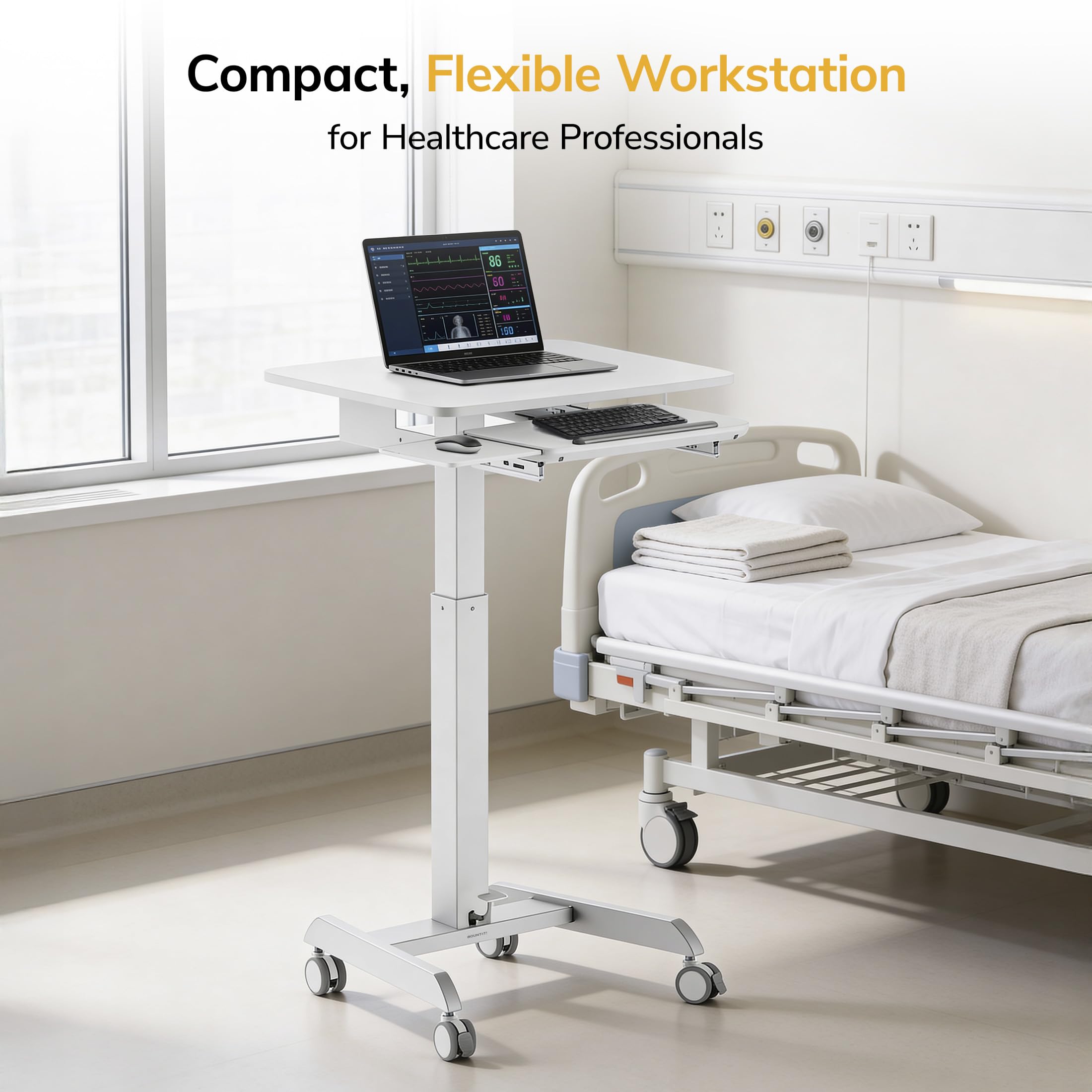 Height Adjustable Rolling Laptop Desk with Keyboard Tray, Mobile Sit-Stand Computer Cart with Wheels, Small Standing Desk for Home, Office, or Classroom, 23.6" x 20.5", White
