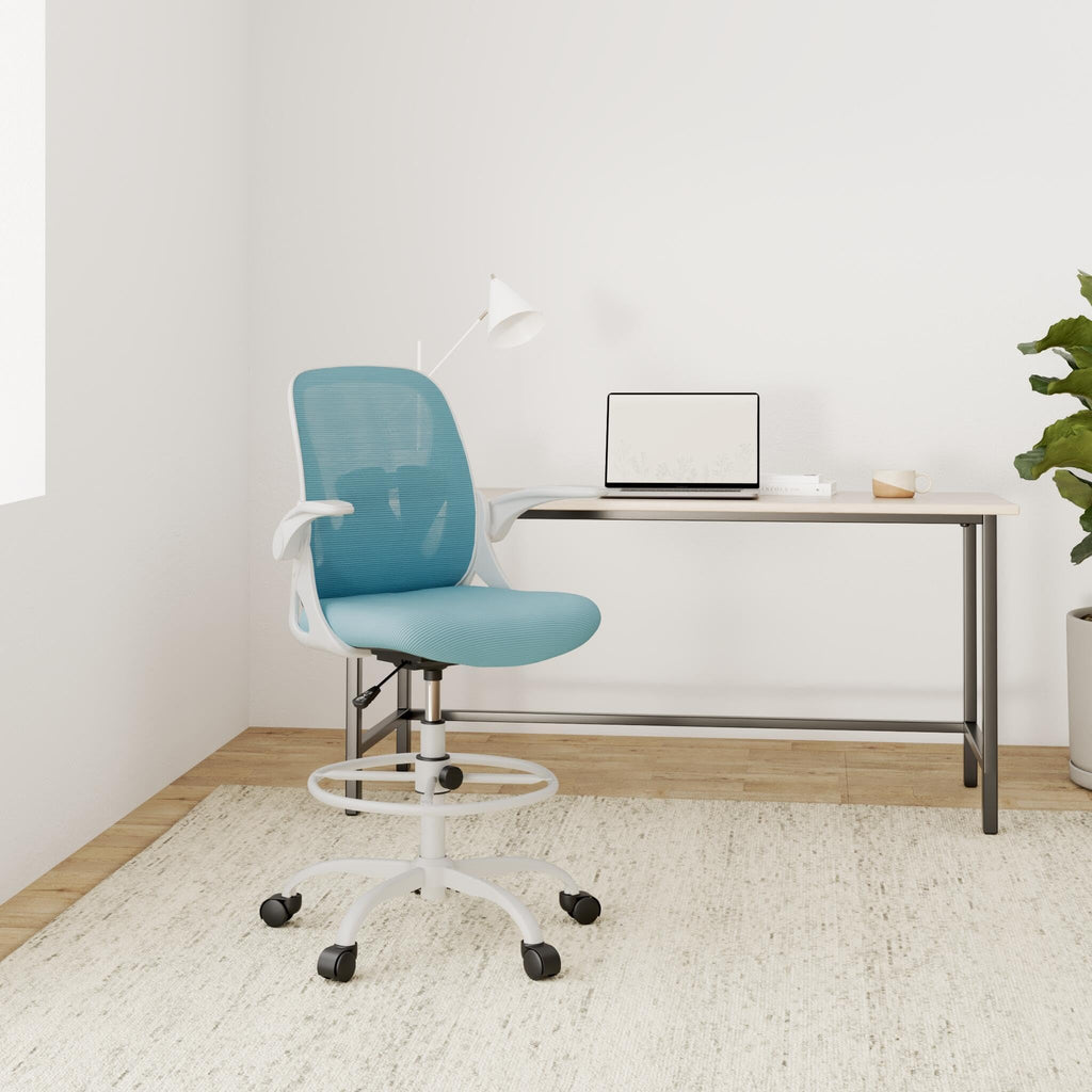 Drafting Chair Tall Office Chair with Flip-up Armrests Executive Ergonomic Computer Standing Desk Chair with Lumbar Support and Adjustable Footrest Ring（Blue）