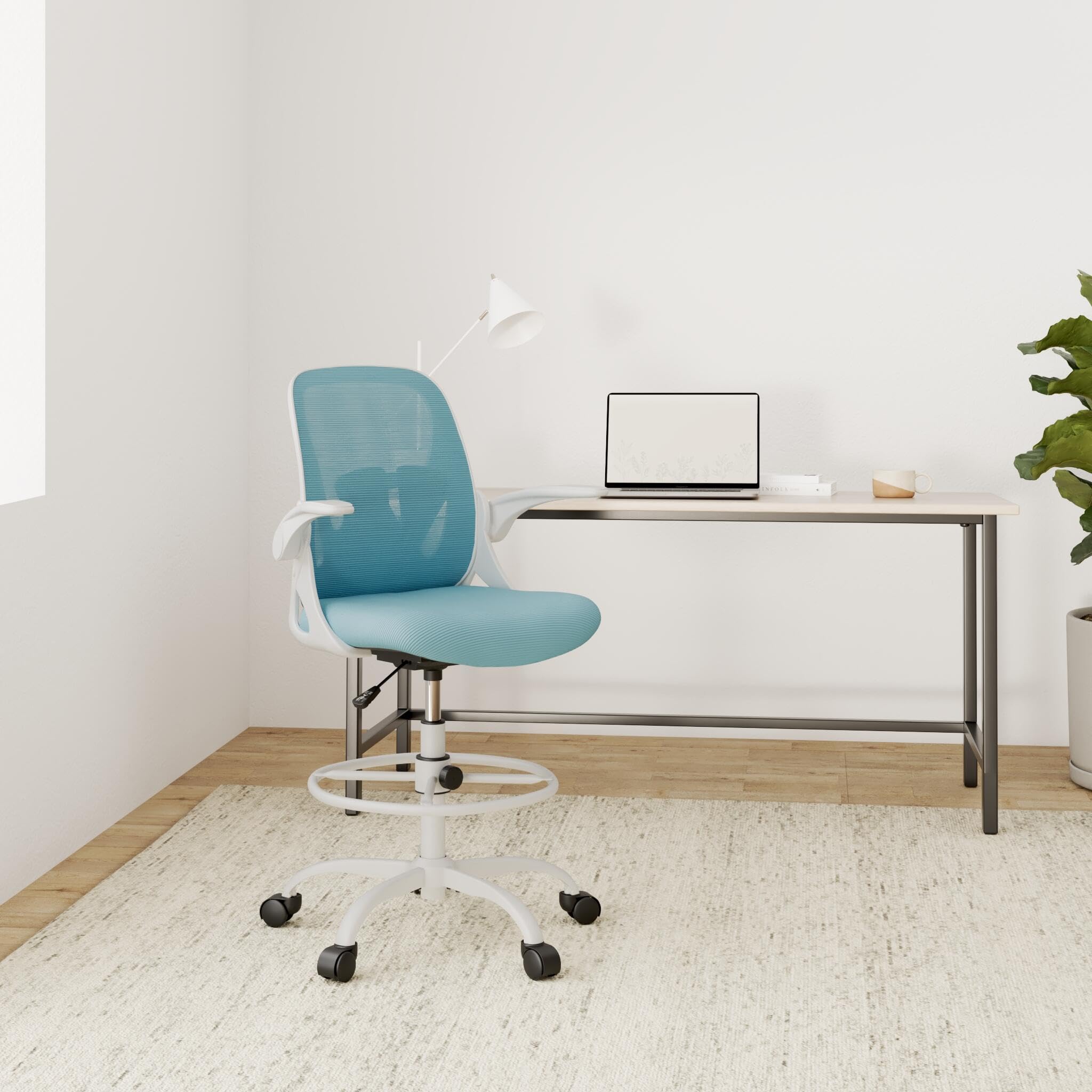 Drafting Chair Tall Office Chair with Flip-up Armrests Executive Ergonomic Computer Standing Desk Chair with Lumbar Support and Adjustable Footrest Ring（Blue）