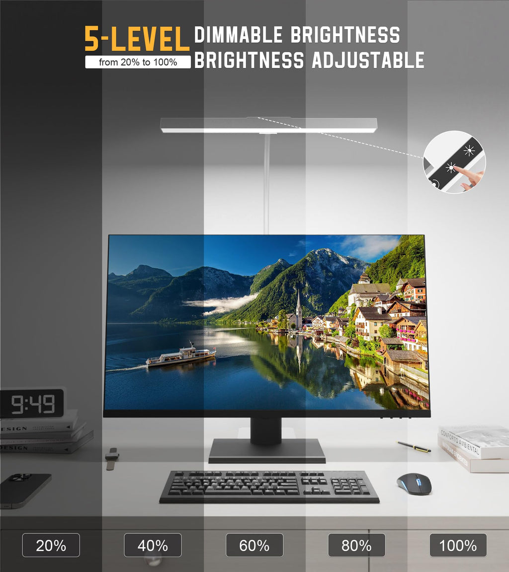 Desk Lamp for Office with Base, Eye-Caring Desk Light with Adjustable Gooseneck, 12W USB Adapter Touch Control 5 Dimmable Brightness & Color Tall Lamp for Work, Computer, Study, Task