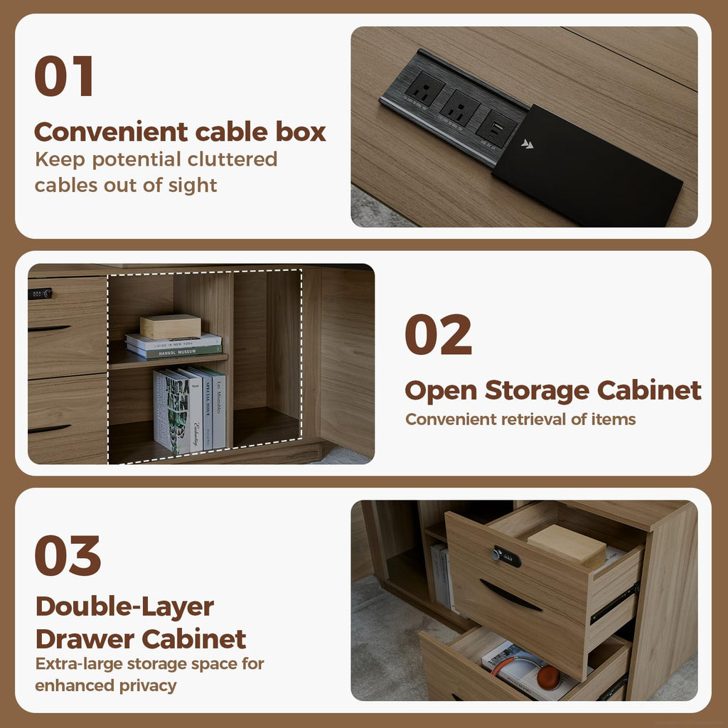 63" L-Shaped Executive Desk with Reversible Return, Compact Office Desk with Locking Drawers, Open Storage Cabinet, Cable Management Box, Front Privacy Panel, Rustic Brown
