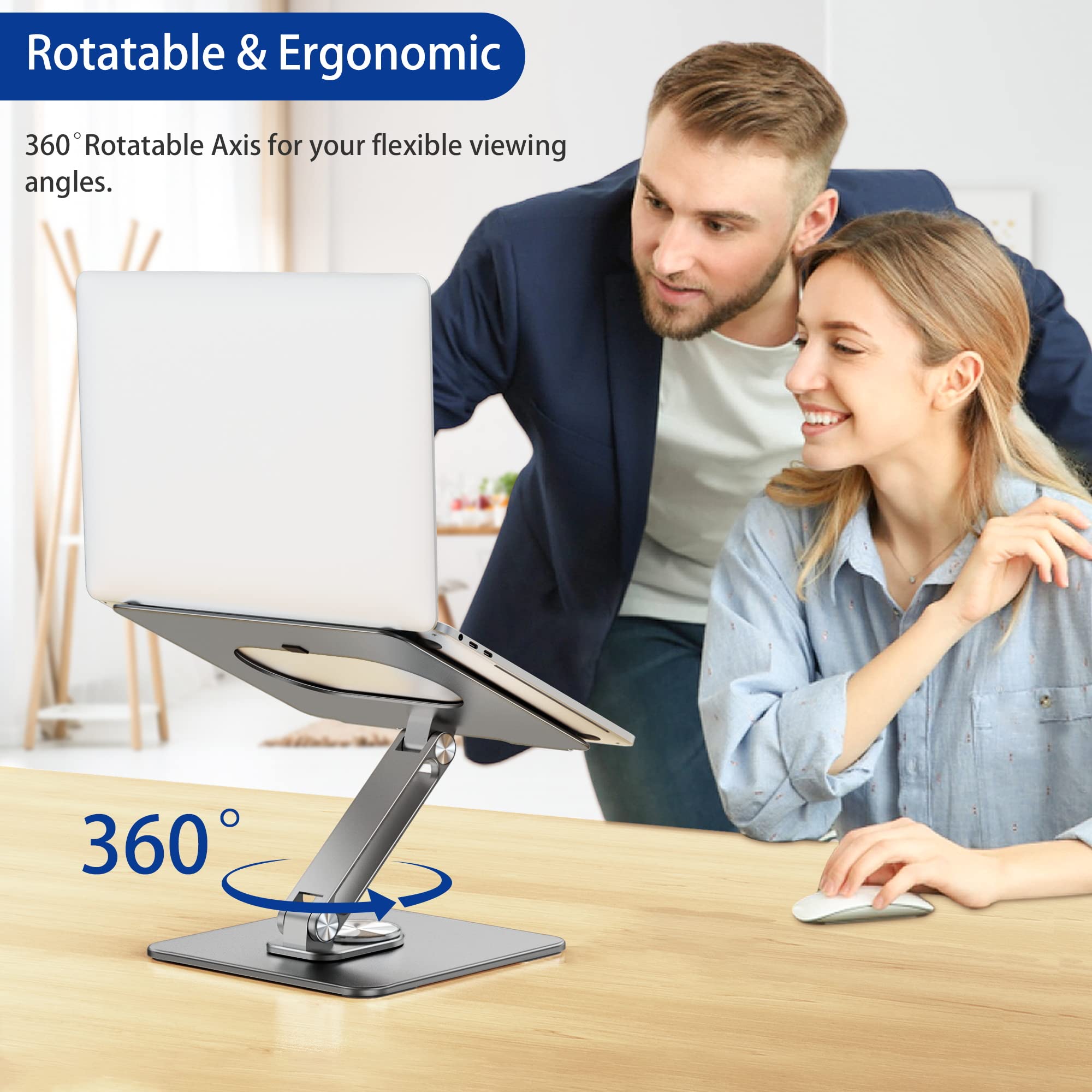 Laptop Stand with 360 Rotating Base, Ergonomic Adjustable Notebook Riser, Foldable Computer Holder Compatible with 10-15.6" Laptops (Gray)