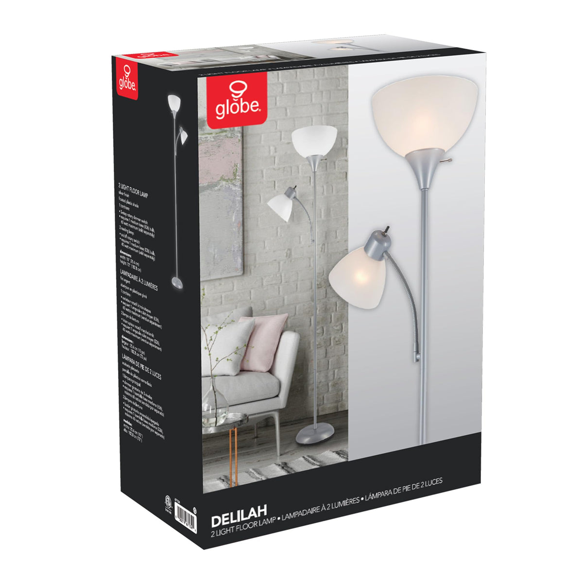 67134 72" Torchiere Floor Lamp and Adjustable Reading Light, Silver, Frosted Shade, Dual Rotary Switch, 3-Step Dimming, Modern Lighting for Living Room or Office, Timeless