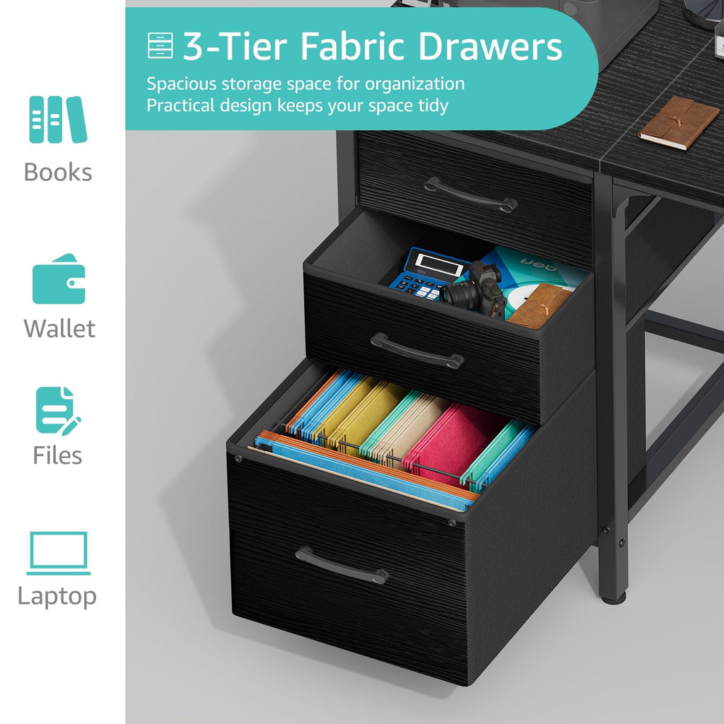 Computer Desk with Fabric File Drawers Cabinet, 55 Inch Reversible Home Office Desks with Filing Cabinet, Study Writing Table PC Desks with Storage for Bedroom, Black