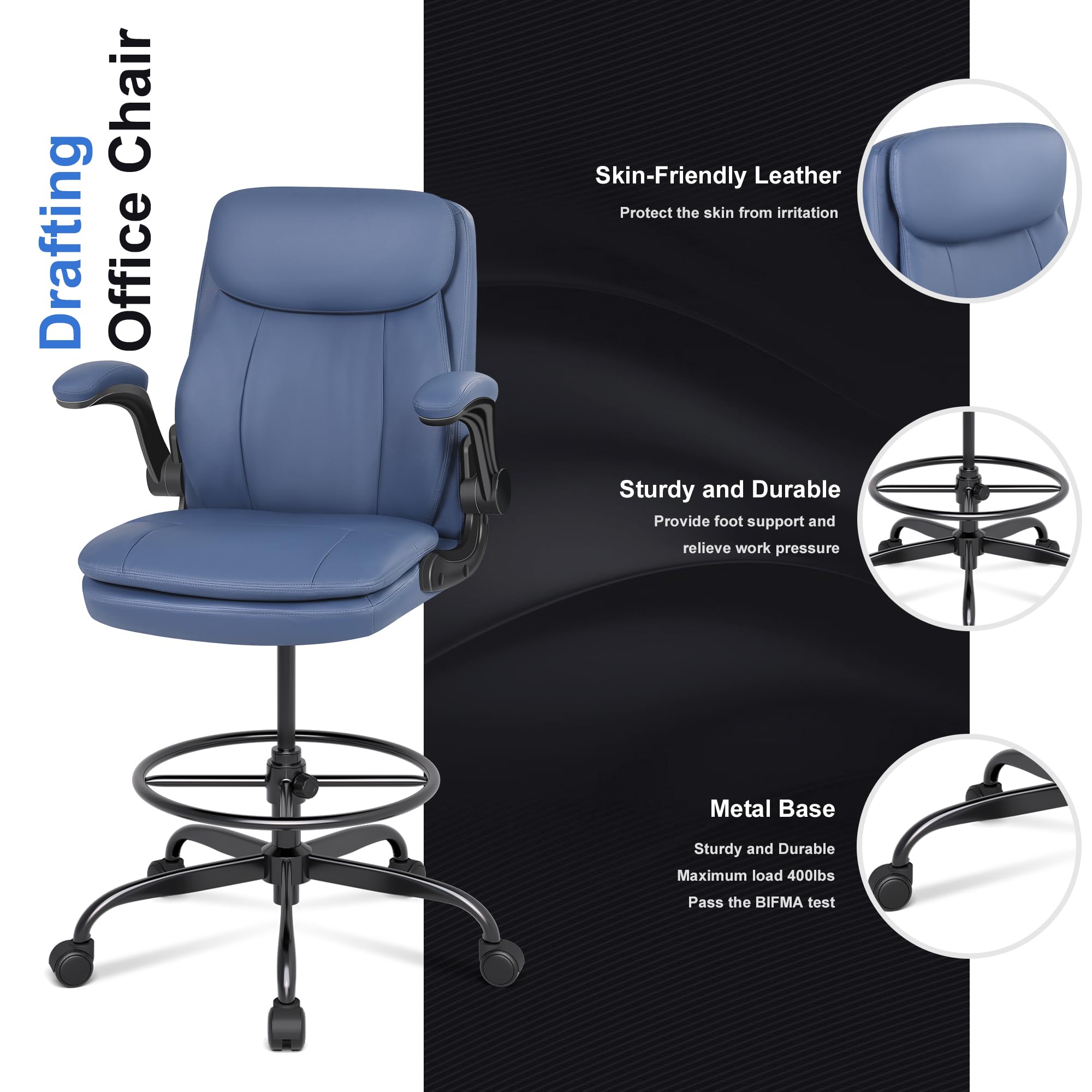 Leather Drafting Chair, Tall Office Chair for Standing Desk, High Executive Office Chair with Adjustable Height and Flip-up Armrest for Counter Height Desk