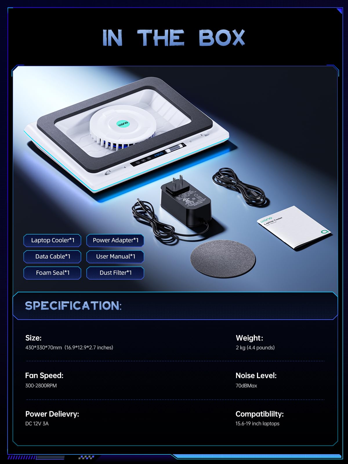 RGB Laptop Cooling Pad, White, Powerful Turbofan, Quiet Cooling, Touch Control, LCD Screen, Seal Foam, 15-19in Laptops
