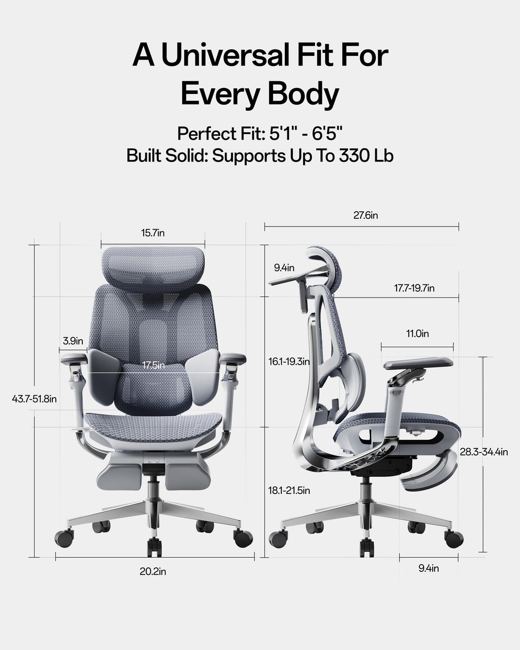 E3 Pro 2026 Edition Ergonomic Office Chair, Mesh Desk Chair with 3-Zone Floating Lumbar Support, Upgraded 4D Headrest, 720° Armrests, Grey with Footrest