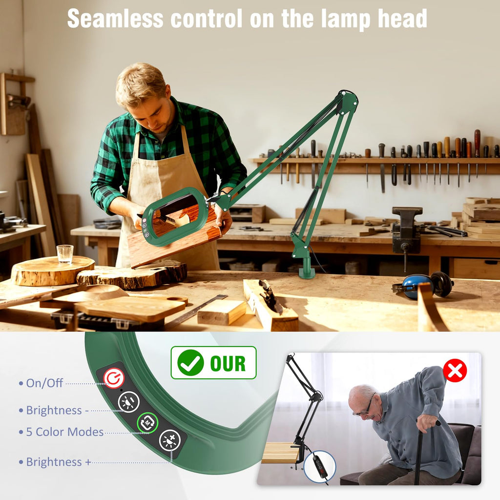 16" Extra Long Magnifying Glass with Light and Clamp, Real Glass, 5 Color Modes, Stepless Dimmable, Lighted Magnifier with Stand Hands Free, LED Swing Arm Desk Lamp for Close Work, Craft, Green