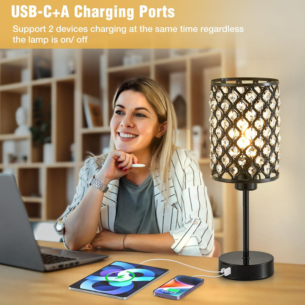 Crystal Table Lamp, Black Touch Lamp with USB C+A Port, 3-Way Dimmable