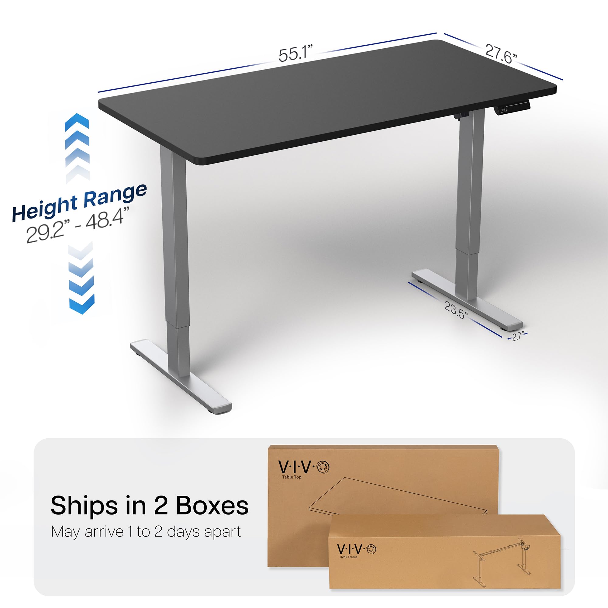 Electric 55 x 28 in Standing Desk, Memory Height Adjustment, 1B Series, Holds 220 lbs, One-Piece Black Top, Gray Frame