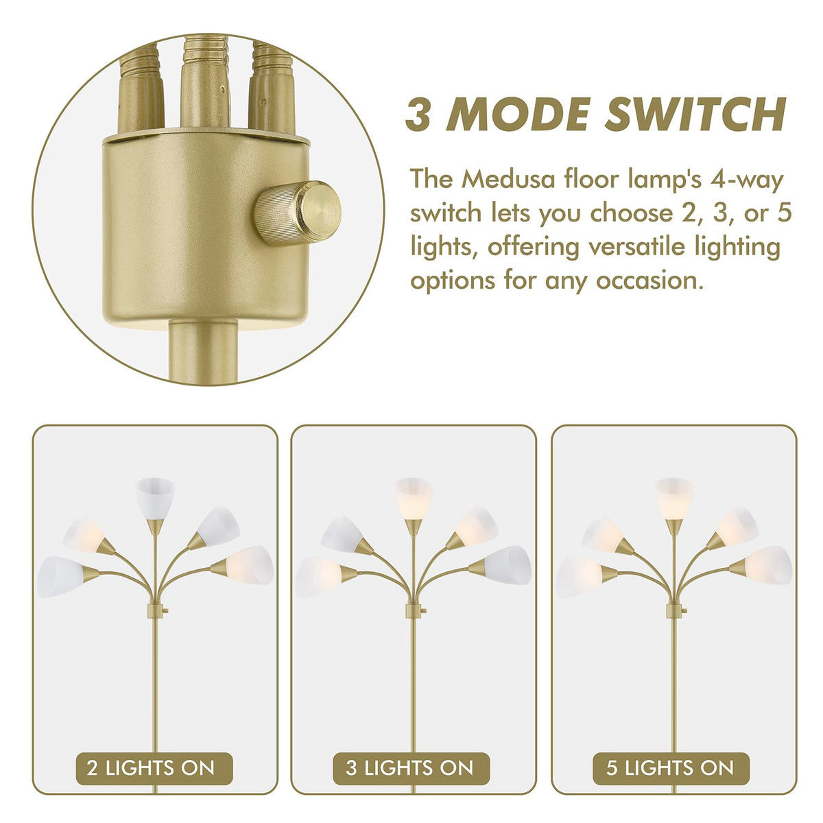 Medusa Modern Decor Floor Lamp, 5 Head Adjustable Gooseneck Lamps for Reading, White Shades Multiple Tall Standing Lamps for Living Room Bedroom Office Kids Classroom, Gold, Bulbs Included