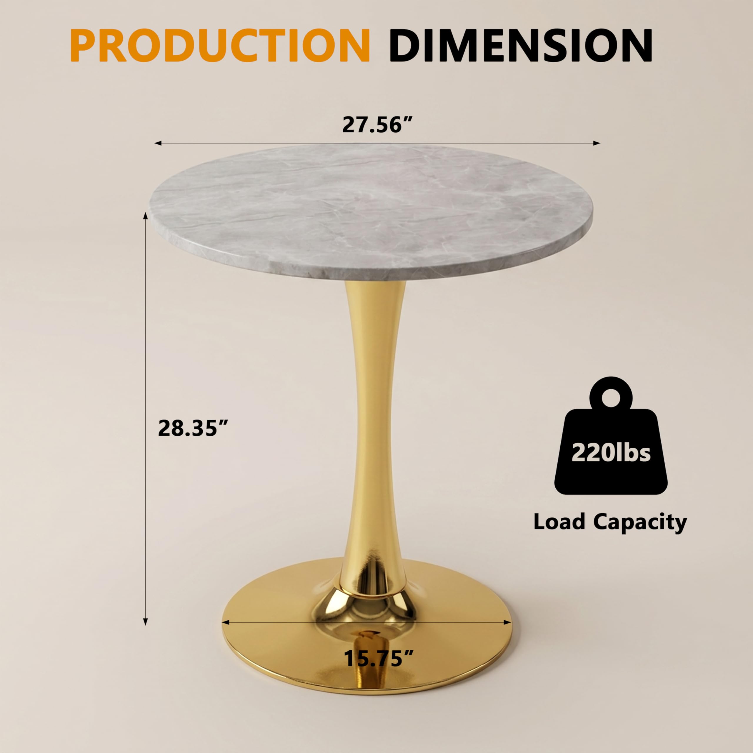 Sybrioka 27.6" Marble Round Tulip Table, Mid-Century Modern Style Dining Table with Gold Pedestal Base for 2-4 People, Featuring A Marble Tabletop for Kitchen, Dining Room, Cafe (Light Grey)