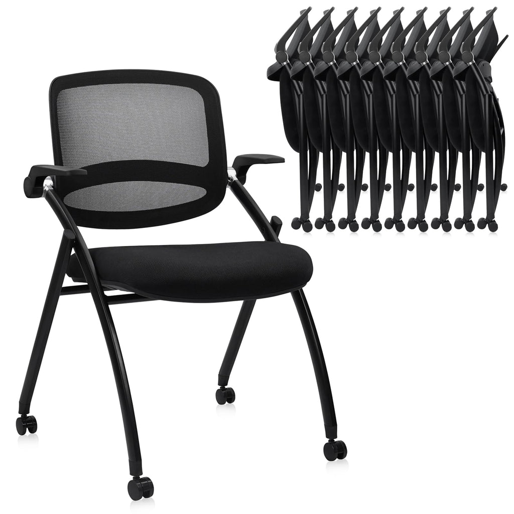 10 Pack, Stackable & Foldable Chairs with Flip Up Armrests, Reception Guest Chairs with Wheels, Ergonomic Curved Mesh Back Folding Chair for Office Meeting Schools Conference Waiting Room
