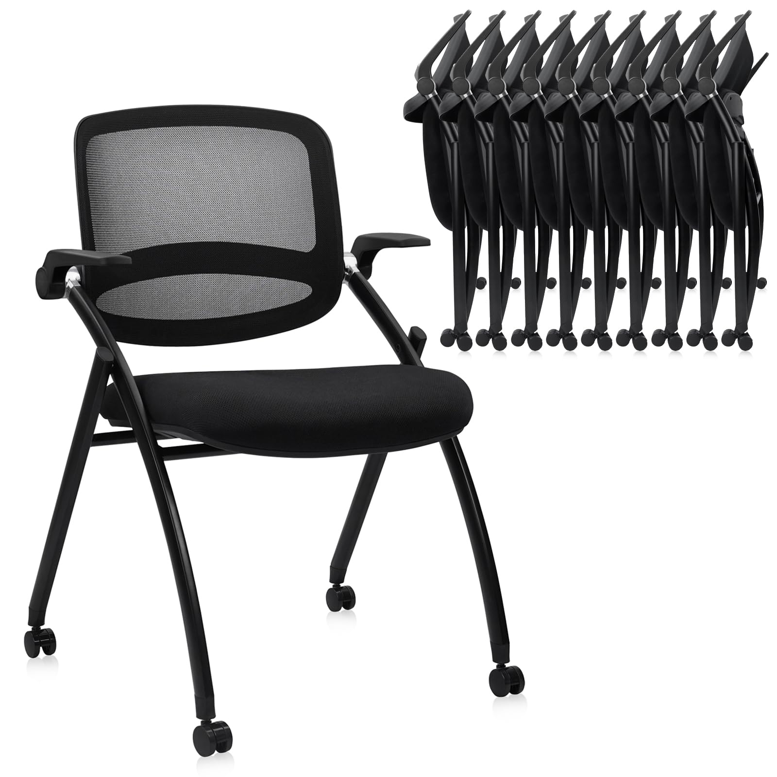 10 Pack, Stackable & Foldable Chairs with Flip Up Armrests, Reception Guest Chairs with Wheels, Ergonomic Curved Mesh Back Folding Chair for Office Meeting Schools Conference Waiting Room