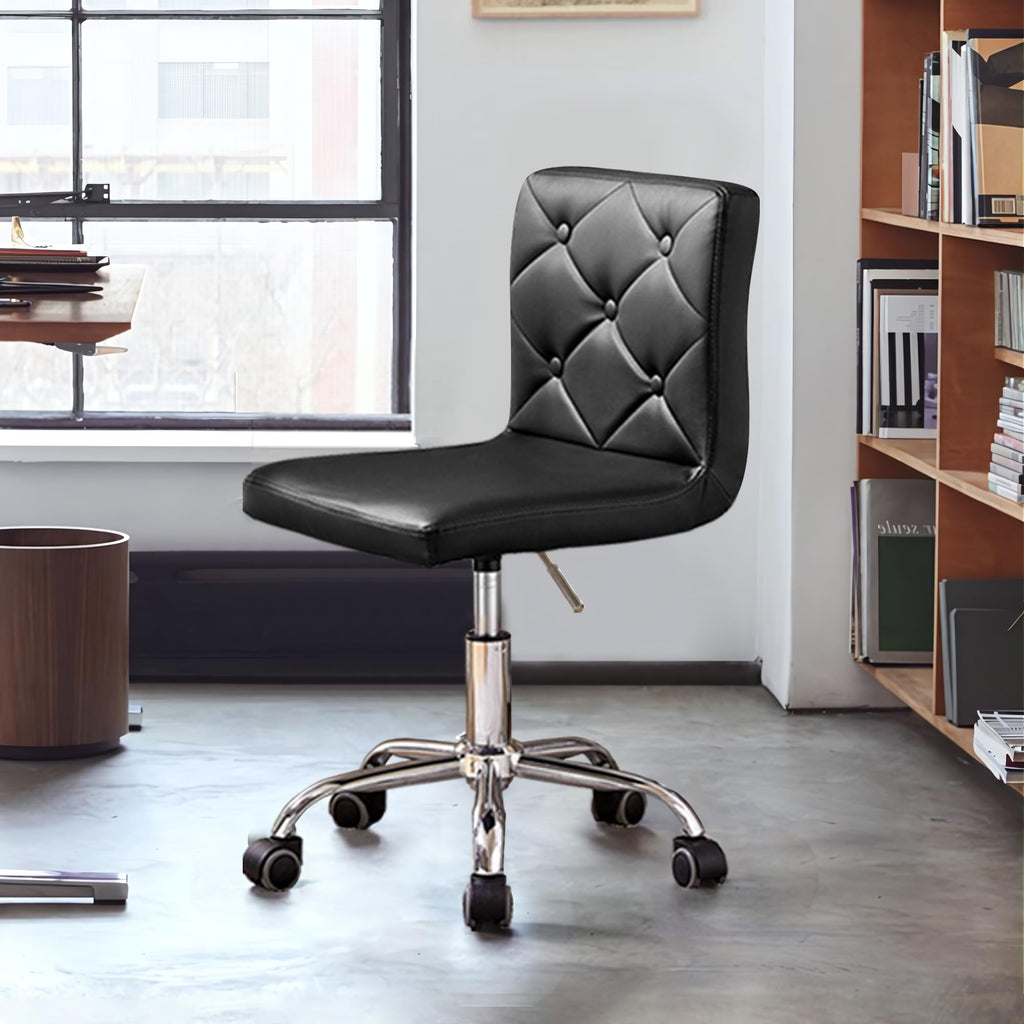 PU Leather Mid-Back Armless Vanity Chair Adjustable Height 360° Rolling Swivel for Office Work