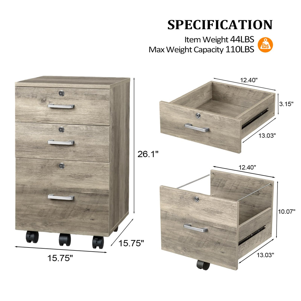 3-Drawer File Cabinet with Lock, Wood Rolling Under Desk File Cabinets for Home Office, Mobile Printer Stand & Filing Organizer for Letter Sized Files, 26" H(Caster Included), Rustic Gray