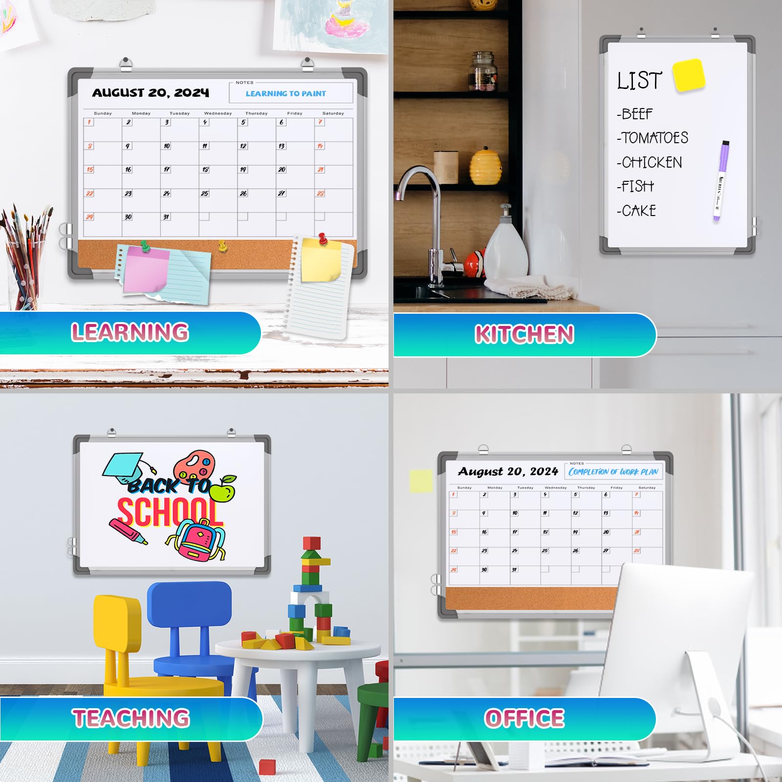 Monthly Calendar Whiteboard for Wall, 24x18 Inches Dry Erase Board with Cork Board Combo, Magnetic White Board, Double-Sided Hanging Portable Board for Office School Home Kitchen Planner Memo