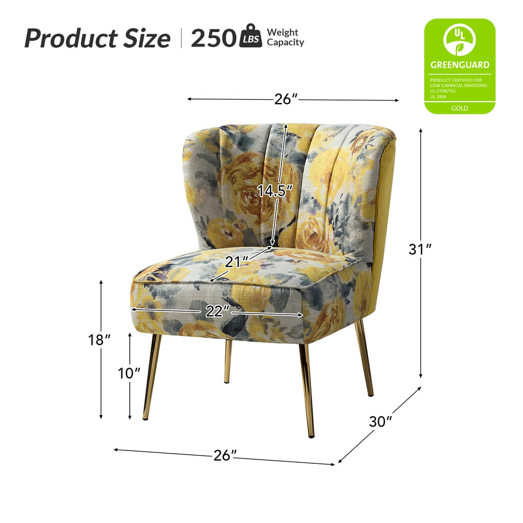 Accent Chair Set of 2 with Golden Legs, Comfy Floral Fabric Living Room Chair, Wingback Small Armless Side Chair, Upholstered Slipper Chair for Bedroom, Reading Room (Flower Print, YELLOW)