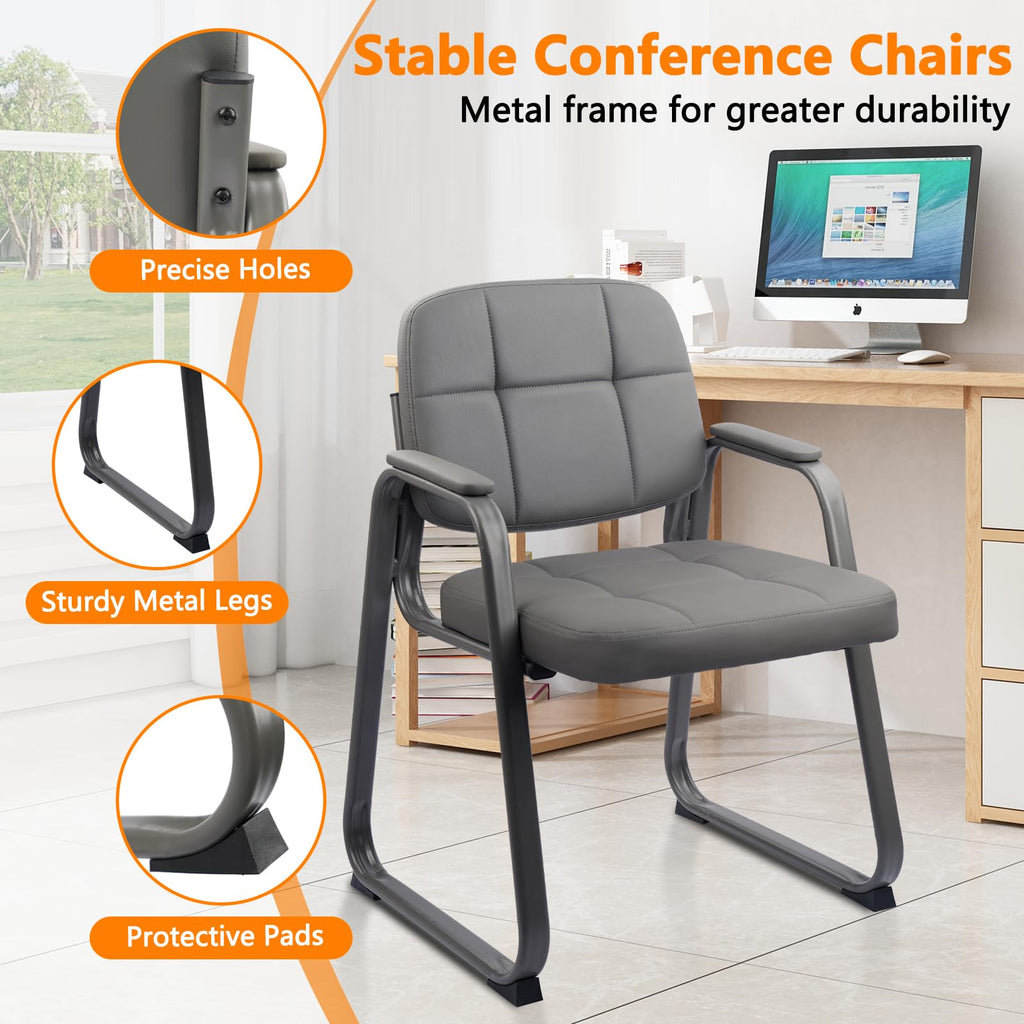 2 Pack, Waiting Room Guest Chair with Bonded Leather Padded Arm Rest for Office Reception and Conference Desk Black with Sled Base Grey