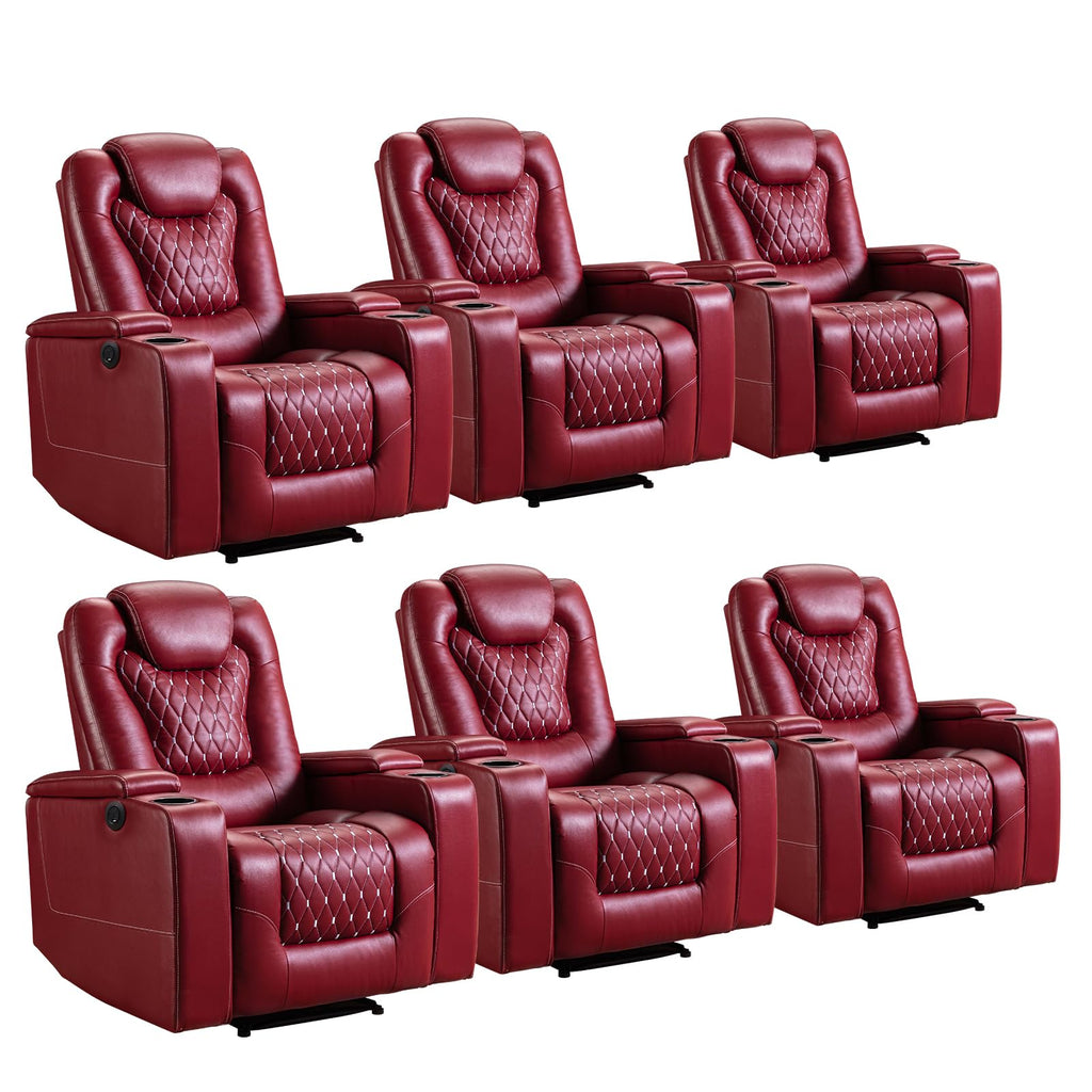 Power Recliner Chair Set of 6, Electric Soft Faux Leather Reclining Home Theater Seating - USB Ports, Cup Holders, Hidden Arm Storage Movie & Media Room Chairs (Red)