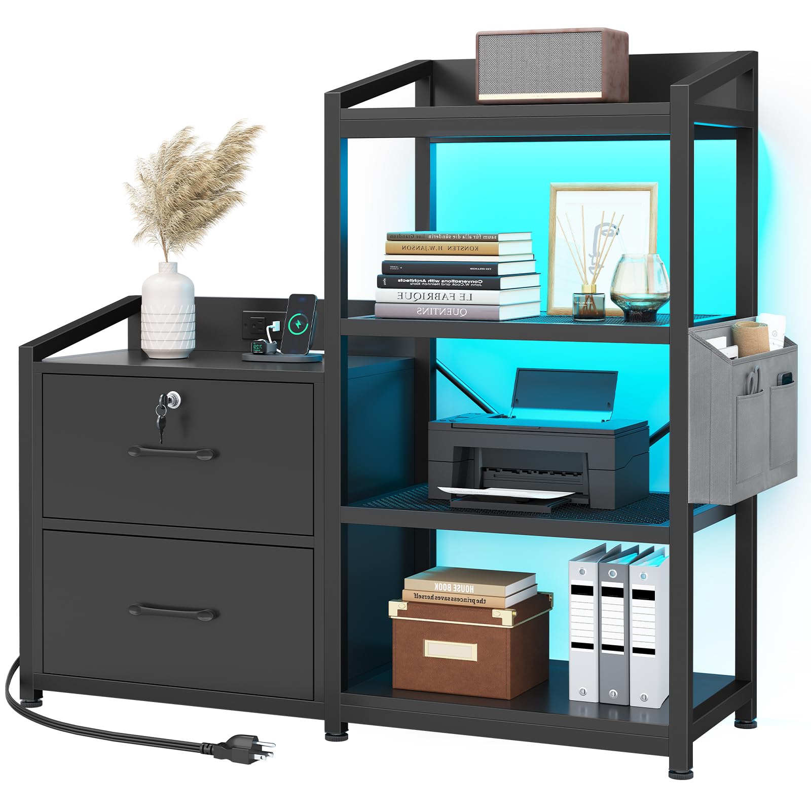 35.4” File Cabinet, Filing Cabinet fits Letter/A4 Size, 2 Drawe File Cabinets for Home Office with Power Strip, LED Lights, Lock, Open Shelf, Black