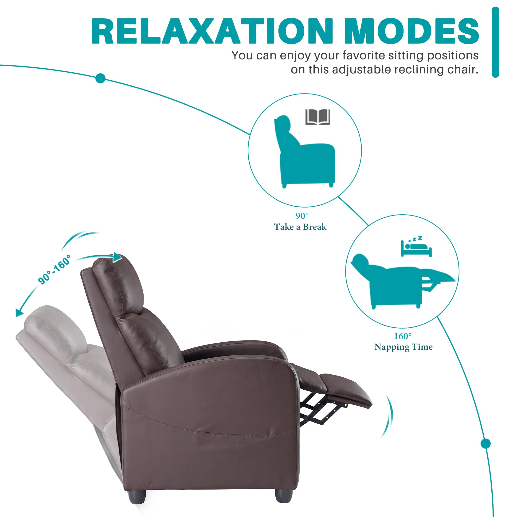 Massage Recliner Chair for Adults, Adjustable Home Theater Seating with Lumbar Support for Living Room, Modern Fabric Reclining for Small Space, Brown