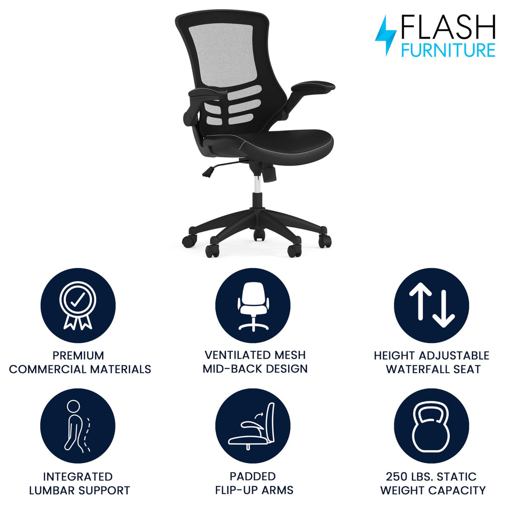 Mid-Back Swivel Office Chair with Adjustable Seat Height, Ergonomic Mesh Desk Chair with LeatherSoft Seat, Black