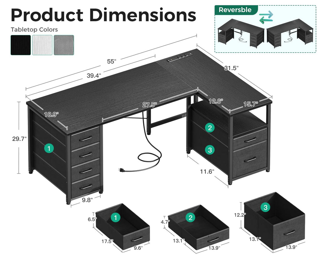 L Shaped Computer Desk with 6 Drawers & Power Outlet, 55 Inch Corner Desk with Reversible Storage Shelf & File Drawer, Home Office Desk, Black