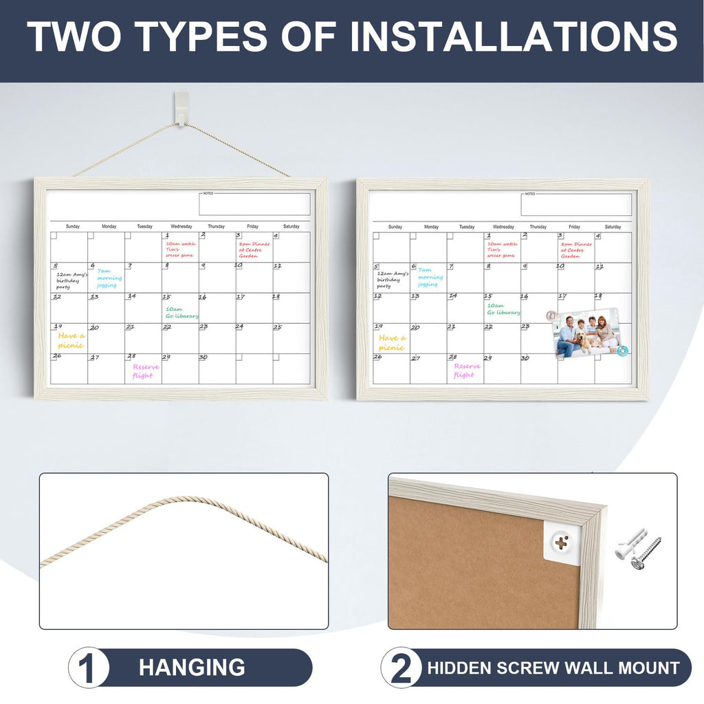 Calendar Whiteboard for Wall, 17x13 Inches Dry Erase Calendar for Wall, Small Magnetic Monthly White Board with Wood Framed, Hanging Dry Erase Board for Kitchen Home Office School Planner