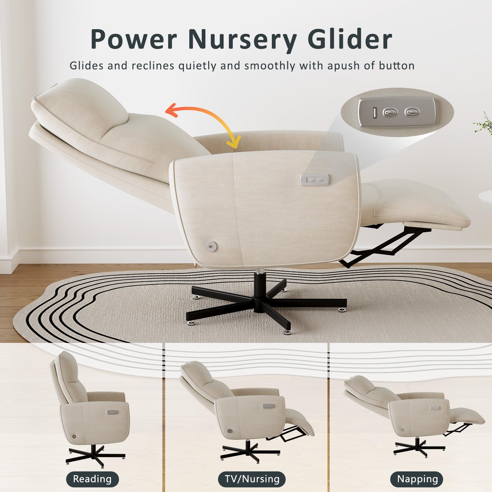 Power Swivel Recliner Chair, Modern Electric with USB & Type-C Ports, Upholstered Velvet Swivel Recliner Chair, 360° Swivel for Office & Living Room, Easy Assembly (Beige)