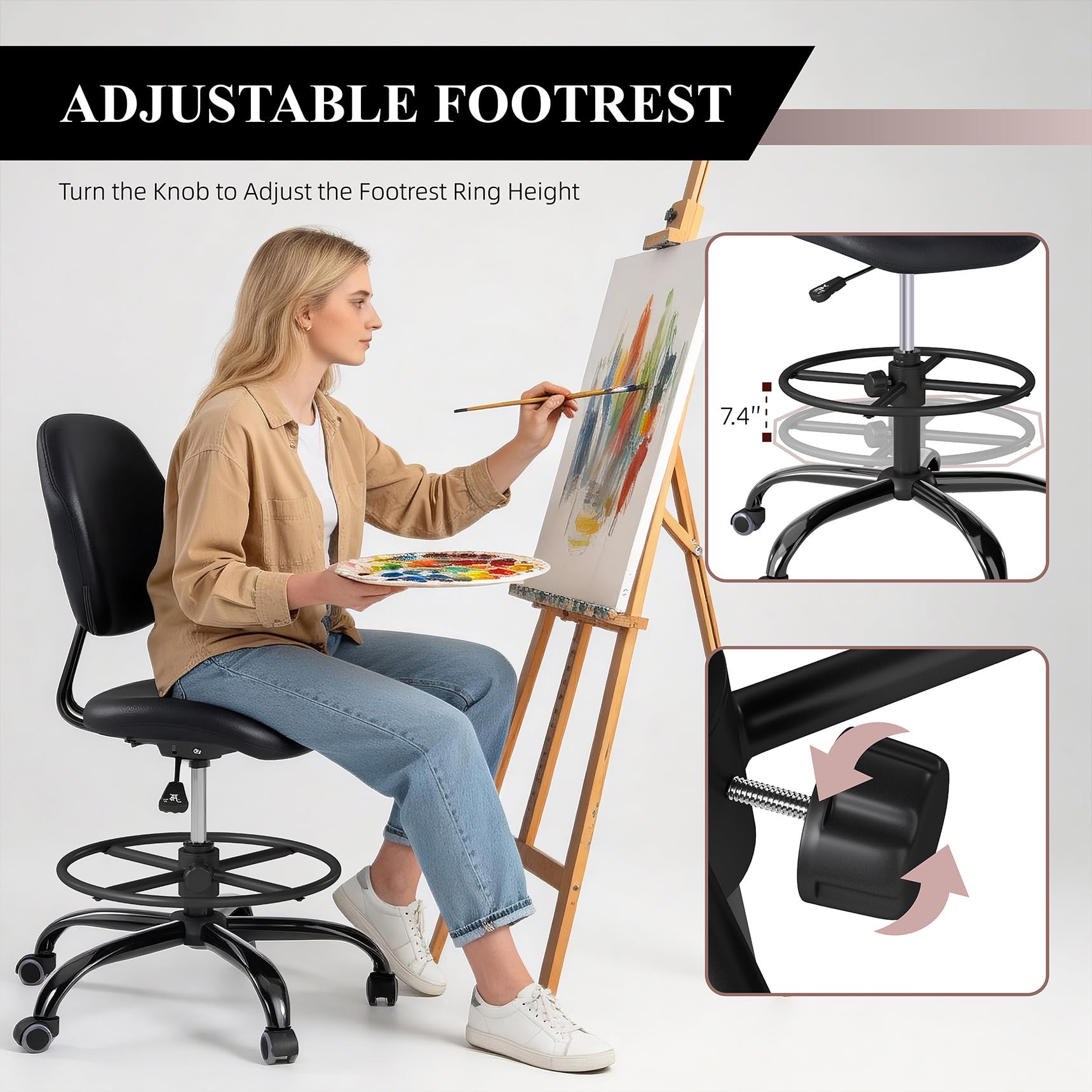 Drafting Chair with Back Support, Tall/High Desk Rolling Stool with Footrest Ring, Faux Leather Office Chair with Height Adjustable for Standing Desk, Home Office, Bar, Workbench & Kitchen(Black)