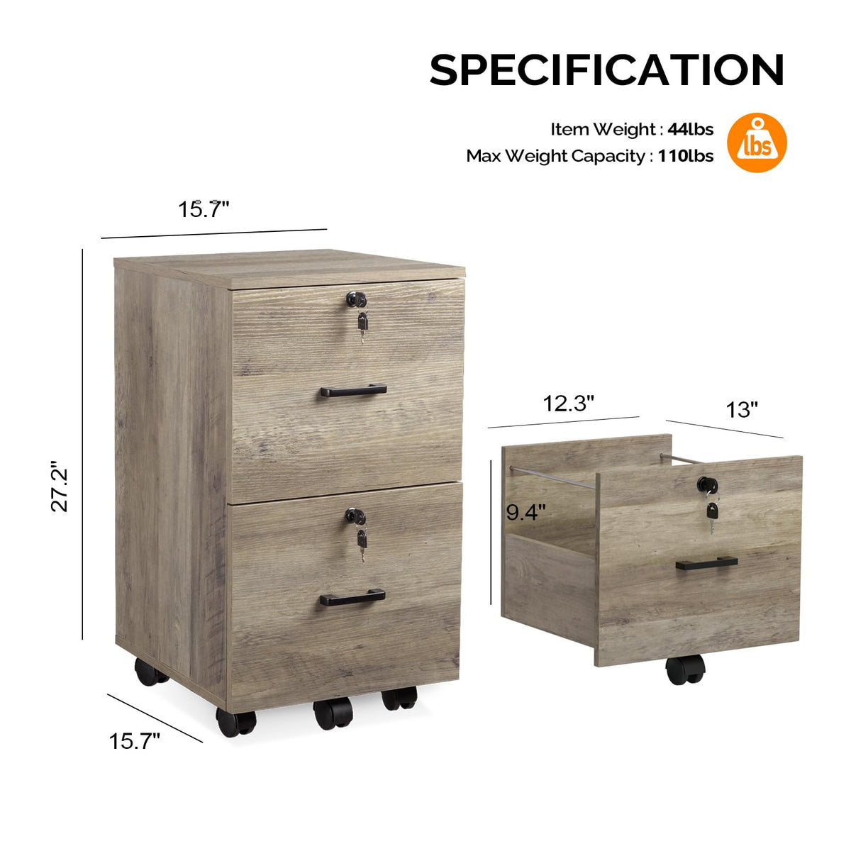 2 Drawer File Cabinet with Lock, Wood Rustic Gray Filing Cabinet for Letter Size File Folders with Tabs, Under Desk Rolling File Cabinets for Home Office, Mobile File Organization Printer Stand