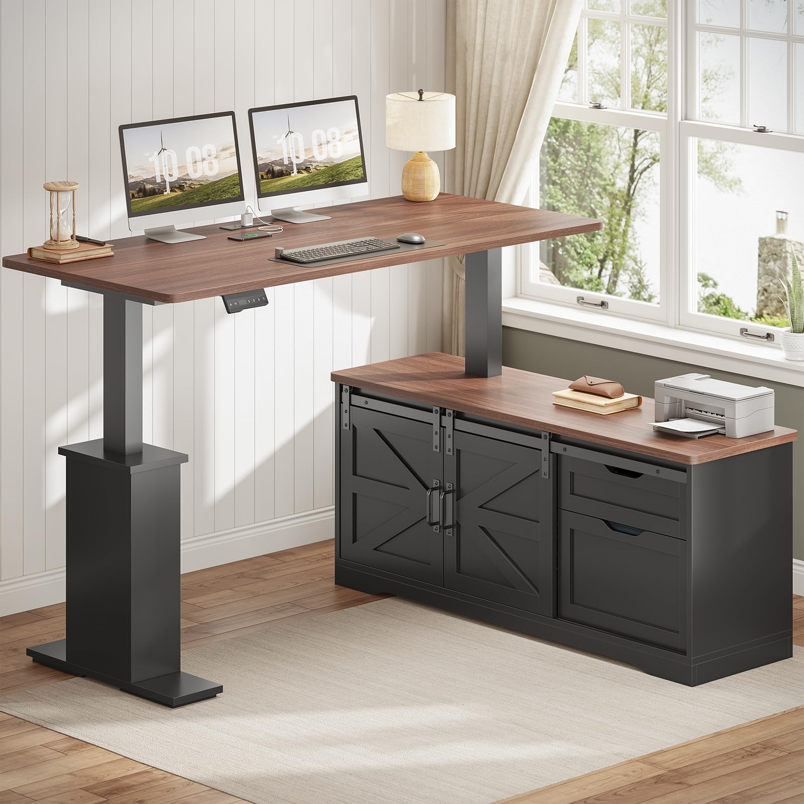 Farmhouse L Shaped Standing Desk, 55 inch Height Adjustable Corner Desk with Storage Drawers, Standing Computer Desks with Power Outlets for Home Office, Black