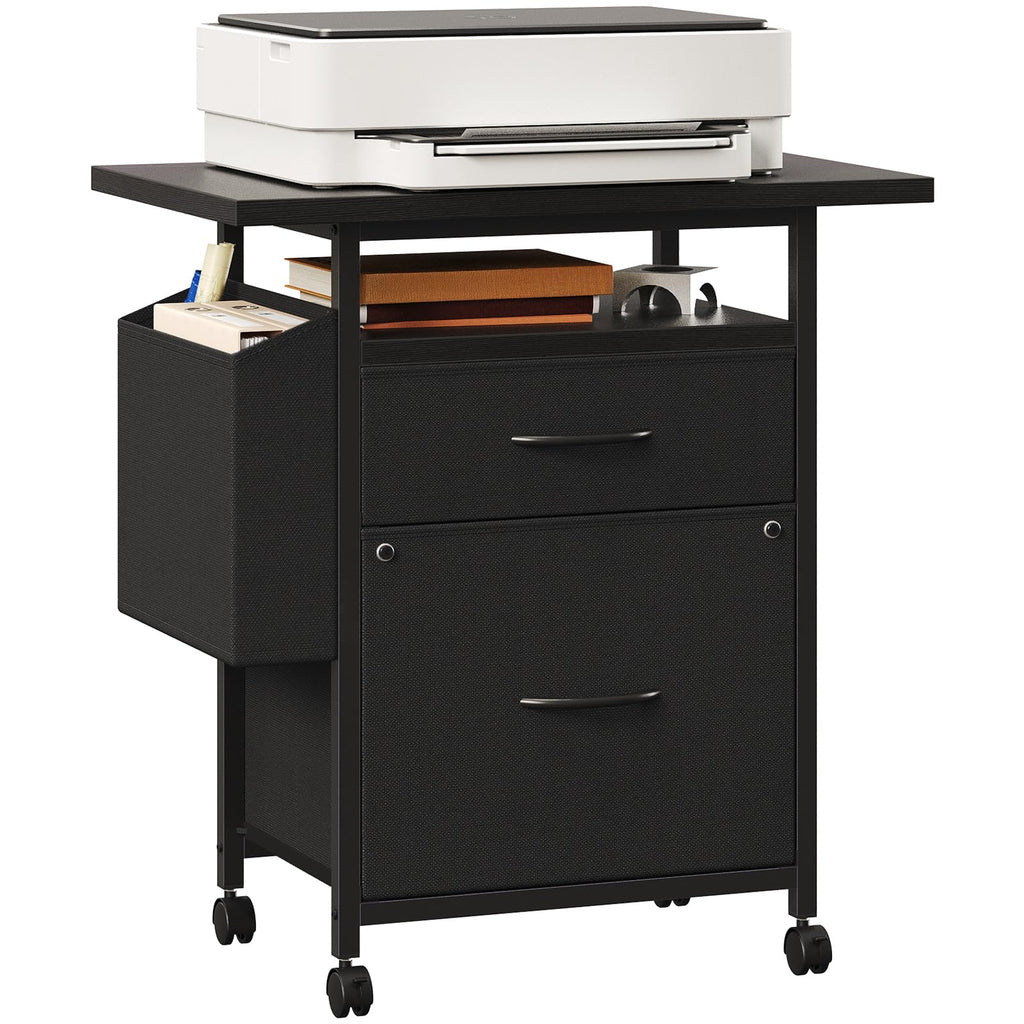 2 Drawer File Cabinet with 24" Extended Desktop, Mobile Filing Cabinet, Rolling File Cabinet with Side Bag, Fabric Drawer, Fits A4/Letter Size, Printer Stand Home Office, Black
